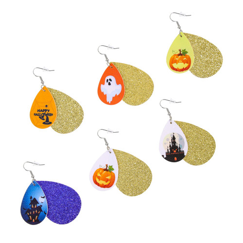 Healifty 6 Pairs Halloween Earrings Leather Dangle Earrings Teardrop Earrings Faux Leather Earrings Bat Skull Witch Hat Spider Webs Ghost Pumpkin Earrings, 7X5.5cm, pu