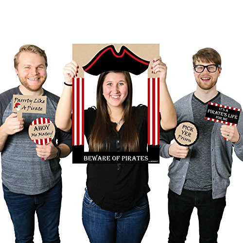 Beware of Pirates - Pirate Birthday Party Selfie Photo Booth Picture Frame & Props - Printed on Sturdy Material