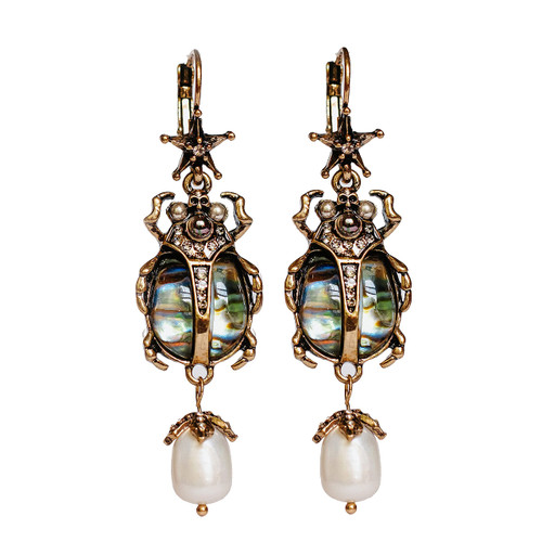 Drop Dangle Earrings For Women - Vintage Jewelry For Women- Unique Beetle Bug Scarab Weird Earrings - Fashion Abalone Shell Earring Gifts for Women