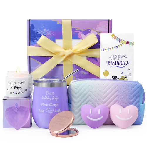 Happy Birthday Gifts for Women, Unique Gifts for Her Best Friend Mom Sister Wife, Spa Gift Basket Boxes with Wine Tumbler for Pampering, Birthday Ideas for Women Who Have Everything