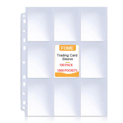 1800 Pockets Baseball Card Sleeves, FOME Double Side 9-Pocket Trading Card Sleeve Page Protector 11 Holes Game Card Sleeves Fit 3 Ring Binder for Trading Baseball Game Business Cards 100 Pages