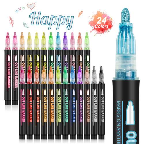 Banral Double Line Outline Markers, 24 Colors Super Squiggles Shimmer Outline Marker Set, Self Outline Metallic Glitter Doodle Drawing Markers Pens for Christmas Greeting Card Making, DIY Art Crafts Banral Double Line Outline Markers, 24 Colors Super Squiggles Shimmer Outline Marker Set, Self Outline Metallic Glitter Doodle Drawing Markers Pens for Christmas Greeting Card Making, DIY Art Crafts