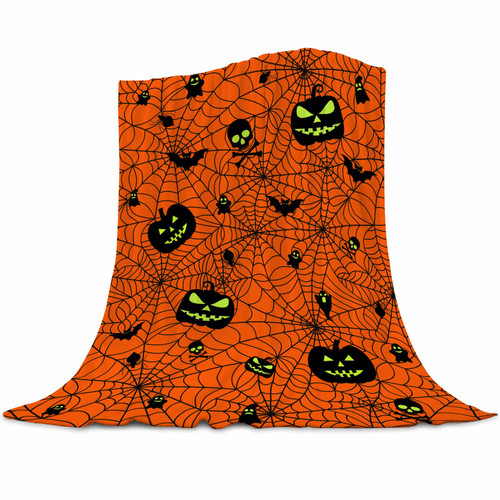 ubnlkto Halloween Blanket Orange Haunted Throw Pumpkin Funny Ghost Spooky Spider Webs Skull Bats Flannel Halloween Fleece Blankets and Throws for Bedding Sofa Couch 50"X40"