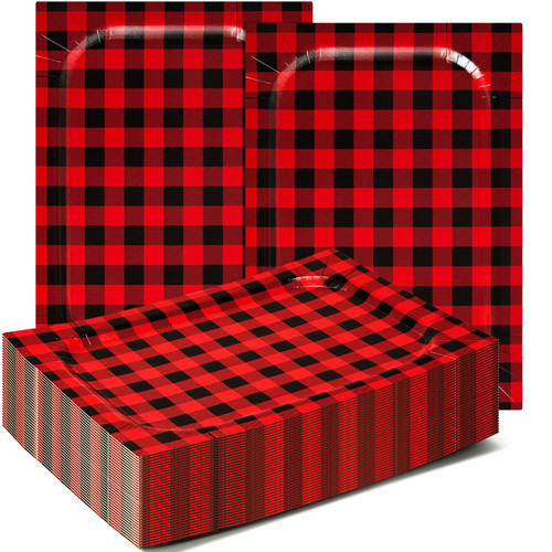 Zhehao 36 Pcs Christmas Buffalo Plaid Disposable Serving Trays Red and Black Checkered Paper Cardboard Tray Platter Xmas Gingham Trays for Camping, Holiday Christmas Party