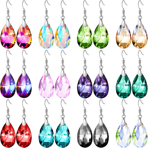 12 Pairs Dangle Earrings Set Earrings For Women Multipack Crystal Earrings Drop Crystal Earrings Rainbow Earrings (Water Drop Shape)