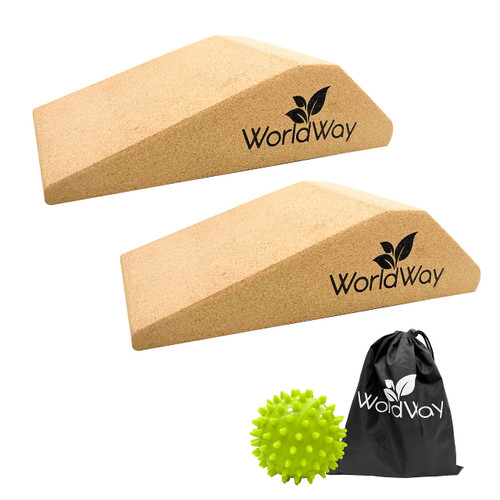Cork Slant Board for Squats, Elevated Calf Stretcher Slant Board, Heel Wedge Workout Ramp, Professional Weightlifting Cork Squat Wedge Block, 100% Natural Non-Slip Cork, 2 Block & Massage Ball Bundle