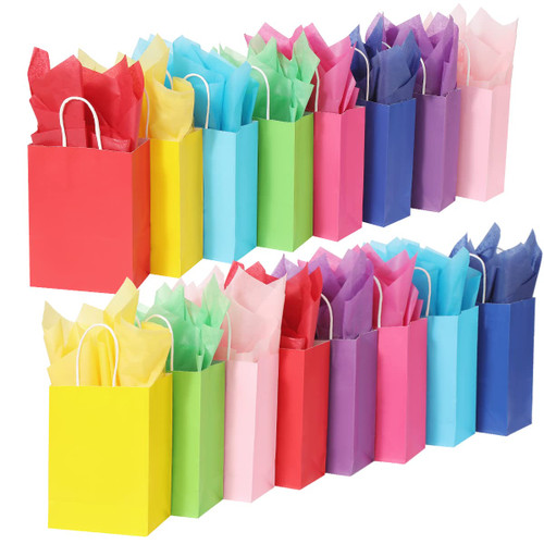 Waarms 32 Pieces Gift Bags with 32 Tissues, 8 Colors Party Favor Bags with Handles, Kraft Paper Rainbow Gift Bags Bulk for Birthday, Wedding, Baby Shower, Party Supplies and Gifts