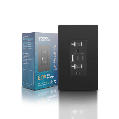 TOPELER 6.0A Black USB Wall Outlet Charger, 20A Duplex Tamper-Resistant Receptacles, Charging Power Outlet with 3 USB Ports, Electrical Socket with USB C Port, ETL & FCC Listed