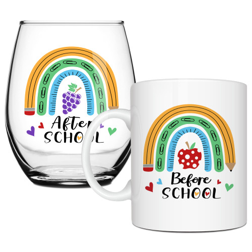 Teacher Gifts - Teacher Appreciation Gifts Before School After School 11 Oz Coffee Mug 15 Oz Stemless Wine Glass, Gifts for Teachers from Student, Teacher gift for Women Back to School, Graduation