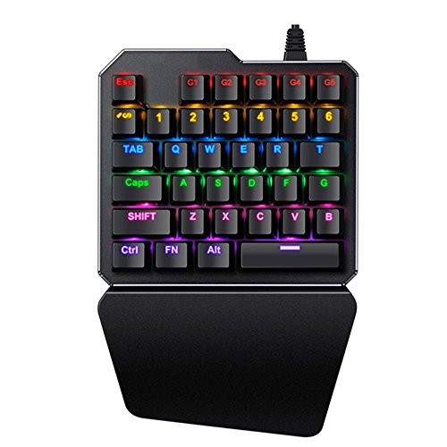 LexonElec Wired Gaming Keyboard RS-7 35 Keys 7 Rainbow Breathing LED Backlit USB Ergonomic Pro Gamer Single-Hand Control Mechanical Keypad for PC Laptop Computer, Blue Switch