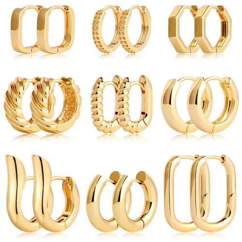 9 Pairs Chunky Gold Hoop Earrings Set for Women 14K Gold Plated Hypoallergenic Twisted Thick Jewelry for Multiple Piercing (Gold Hoop 025)