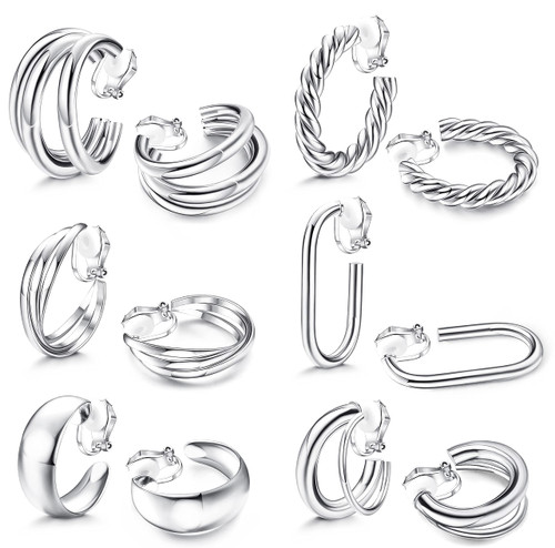 ORAZIO Clip On Earrings for Women 6Pairs Gold Clip On Hoop Earrings For Egirls Chunky Hoops Twist Triple Square Hoop Earrings No Piercing Fake Earrings Set