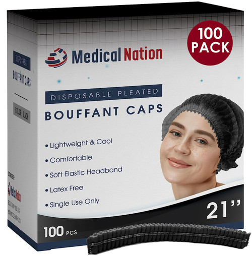 Medical Nation Hair Net, Disposable Pleated Hair Nets | Black, 100 Count | Bouffant Hair Cap Hair Nets for Food Service, Medical Use - 21" Hairnets for Women & Men- Latex Free with Elastic Band- Black