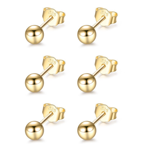 Sterling Silver Round Ball Stud Earrings for Women Girls Men, 3 Pairs Hypoallergenic Small Tiny Gold Stud Earring Set (Diameter 4mm)