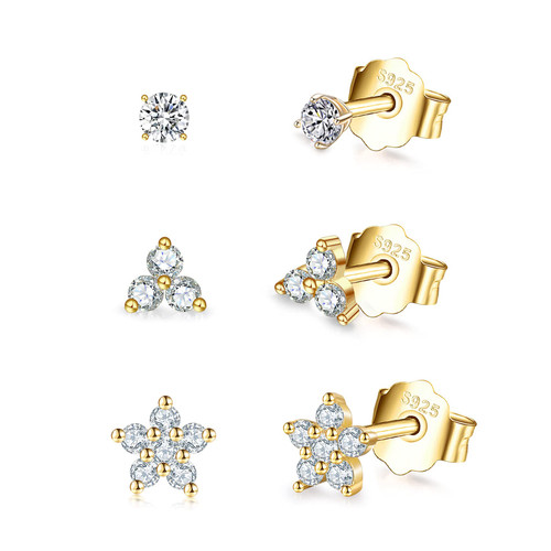 Sterling Silver Stud Earrings for Women, 3 Pairs Tiny Flower Earrings Set | Small Gold Helix Earrings Dainty Tragus Cartilage Studs Cherry Blossom Ear Piercing Jewelry Gifts for Girls Teens