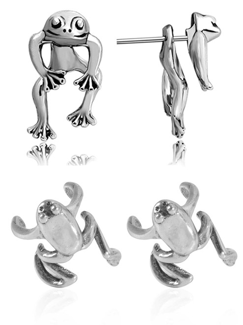 Frog Earrings for Girls 3D Sliver Frog Earrings for Women Post Studs Earrings Gifts for Wife Girlfriend (Frog earrings 2 pairs B)