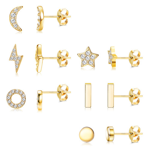 Hayoso 6 Pairs Sterling Silver Stud Earrings Hypoallergenic Earrings Stud Bar Circle CZ Stud Earrings Tiny Stud Earrings Set 14K Gold Plated Cartilage Earrings Studs for Women (Gold-Star)