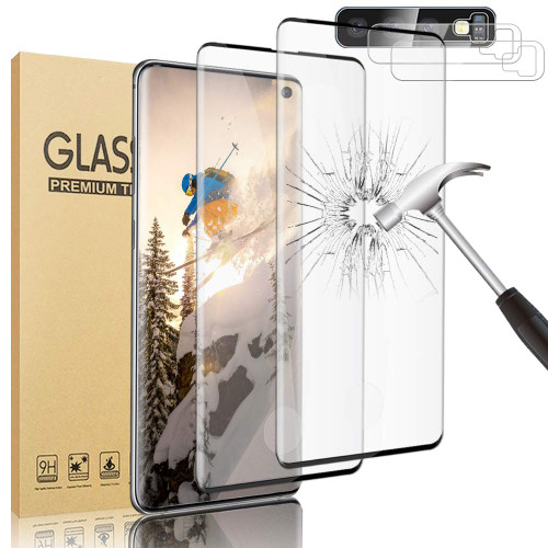 Geviaho [2+2 Pack] S10 Glass Screen Protector, HD Clear 9H Tempered Glass Scratch Resistant, Fingerprint Unlock, 3D Curved, Bubble-Free for Samsung Galaxy S10 Glass Screen Camera Protector (6.1 Inch)