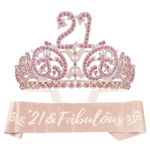 DORADREAMDEKO 21st Birthday Sash and Tiara for Women - Fabulous Set: Glitter Sash + Forest Rhinestone Pink Premium Metal Tiara for Women, 21st Birthday Gifts for 21st Birthday Party