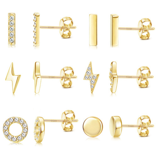 Dochais 6 Pairs Sterling Silver Stud Earrings for Women Men,14K Gold Plated Small Stud Earrings, Hypoallergenic Tiny Lightning Bolt Bar Circle CZ Stud Earrings Set