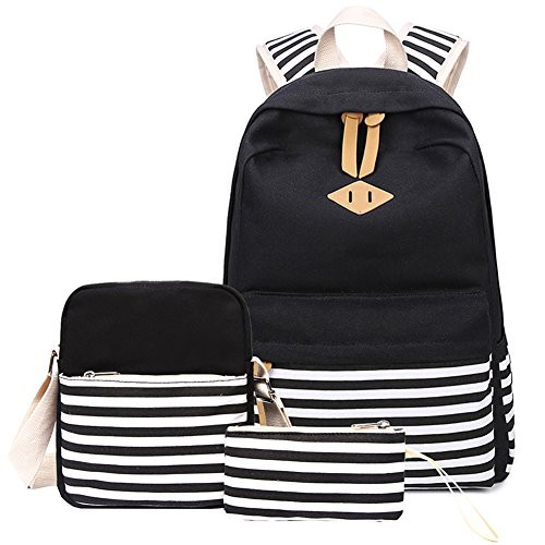 Abshoo Causal Canvas Stripe Backpack Cute Lightweight Teen Backpacks For Girls School Bag Set (Black Set)