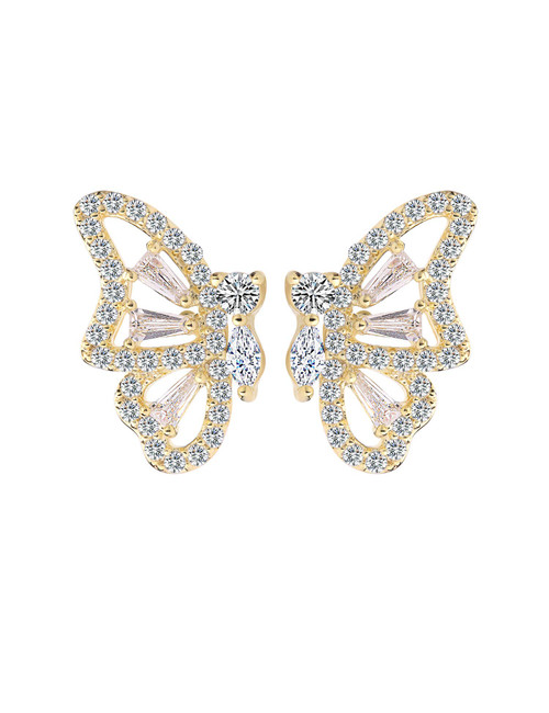 Half Butterfly Stud Earrings for Women - 3D Butterfly Earrings for Girls and Kids - Diamond CZ Pave Half Butterfly Wings Earrings Plated in 14K Gold/White Gold