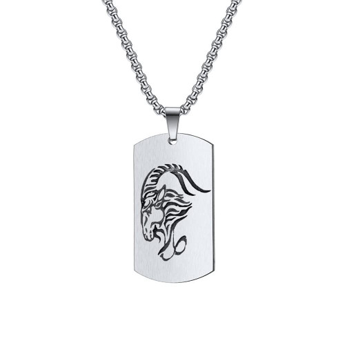 OAKKY Men's Stainless Steel Chinese Zodiac Signet Dog Tag Pendant Necklace with Chain Sheep