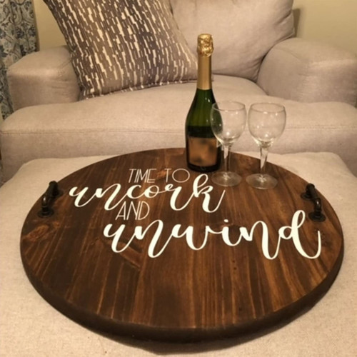 Circle Wooden Serving Tray,Trendy Personalized Round Serving Tray Letter Printing Centerpiece Trays with Handles Decorative Decor for Kitchen Countertop Home Coffee Table (Brown)