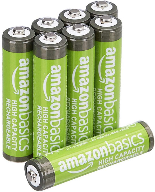 Amazon Basics 8-Pack Rechargeable AAA NiMH High-Capacity Batteries, 850 mAh, Recharge up to 500x Times, Pre-Charged