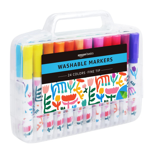 Amazon Basics Washable Fine Tip Assorted School Marker Pens, Pack of 24 Colors