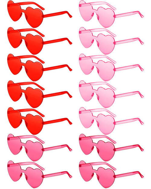 14 Pairs Heart Shaped Rimless Sunglasses Frameless Heart Sunglasses Transparent Candy Color Glasses Tinted Eyewear(Red, Pink, Rose Red)