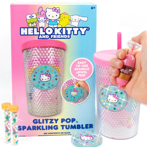 HELLO KITTY and Friends Glitzy Pop Sparkling Tumbler, 15oz Tumbler, Cute Water Bottle Kids Adults, Water Bottle with Straw, Pink Water Bottle for School