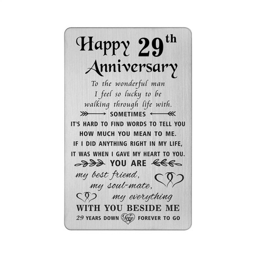 TANWIH 29th Anniversary Card for Husband - 29 Years Down Forever to Go - 29 Year Wedding Anniversary Card Gifts for Him Men, Engraved Metal Wallet Card