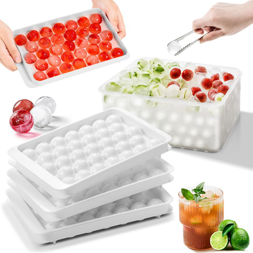 3 Pack Round Ice Cube Tray, Ice Ball Maker Mold for Freezer with Container, Sphere Ice Cube Tray Making 99pcs Circle Ice Chilling Cocktail Whiskey Tea Coffee(3Pack White Ice trays Ice Bin&Ice tong)