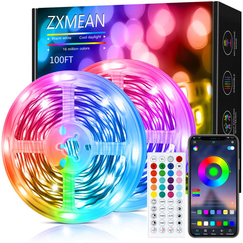 ZXMEAN Led Lights for Bedroom 100ft LED Strip Lights Music Sync Color Changing with Remote and App Control RGB LED Strip, LED Lights for Room Decor Home Party Decoration (2 Rolls of 50ft)