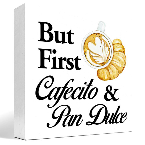 But First Cafecito and Pan Wood Block Sign Desk Decor,Rustic Coffee Wooden Box Plaque Sign Desk Decor for Home Cafe Coffee Table Bar Station Shop Shelf Table Decorations