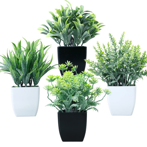 summer flower Set of 4 Pack Fake Plants in Pot,Small Artificial Eucalyptus Potted Plant,Wheat Grass Mini Faux Plants Greenery for Home Indoor Office Table Bathroom Farmhouse Decoration (Black, White)