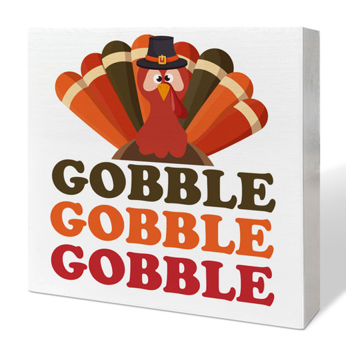 Thanksgiving Table Wooden Box Sign Decor, Gobble Gobble, Autumn Thankful Table Decor Fall Turkey Farmhouse Tabletop Decorations for Home Office Kitchen Harvest Thanksgiving Rustic Desk Decor