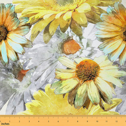 Daisy Print Fabric by The Yard,Watercolor Floral Oil Painting Style Upholstery Fabric for Chairs Sofa,Retro Graffiti Rustic Plant Waterproof Fabric for Upholstery and Home DIY Projects,1 Yard
