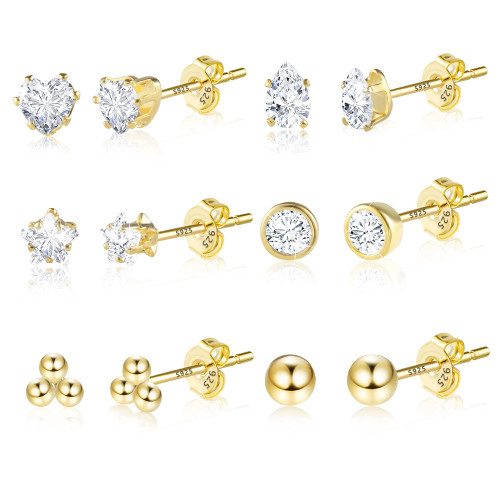 6 Pairs 14K Small Gold Plated Cubic Zirconia Stud Earrings Set Hypoallergenic Cartilage CZ Post Earring Tiny Synthetic Diamond Earring Studs