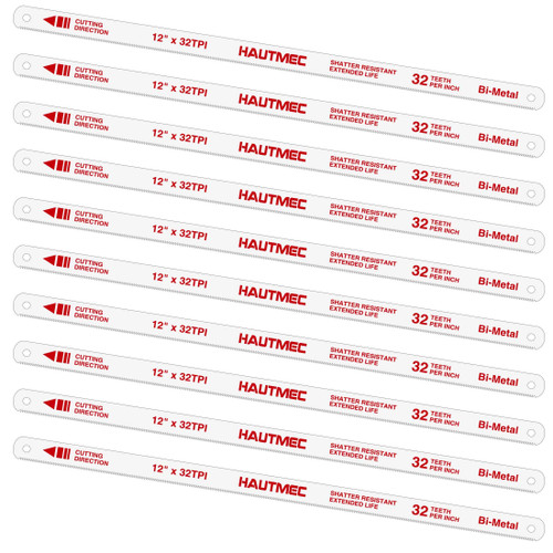 HAUTMEC 12" Hacksaw Blades Replacement Bi-Metal(10 Pack) 32 TPI High Speed Steel Grounded Teeth HT0018-CT