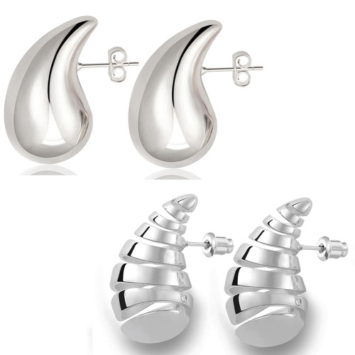 Chunky Teardrop Earrings 2 Pairs Silver Drop Earrings S925 Sterling Silver Waterdrop Earrings Lightweight Hollow Open Hoops Hypoallergenic Earrings Tear Drop Earrings Jewelry For Girls