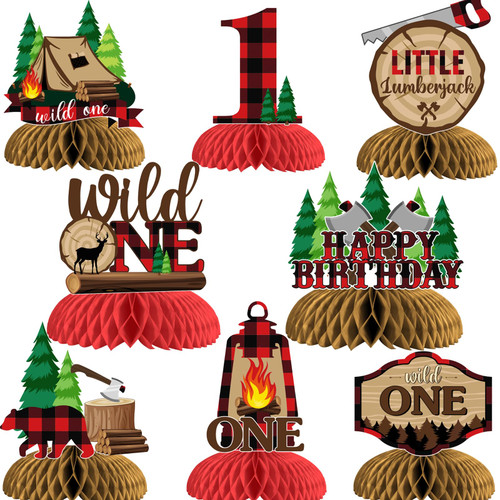 Lumberjack First Birthday Decorations - 8PCS Wild One Lumberjack Honeycomb Centerpieces, Buffalo Plaid Hunting Camping Bear Adventure Woodland 1st Birthday Decorations for Boys