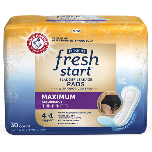 FitRight Fresh Start Urinary and Postpartum Incontinence Pads for Women, Ultimate Absorbency, with The Odor-Control Power of ARM & Hammer Baking Soda (30 Count, Pack of 1)
