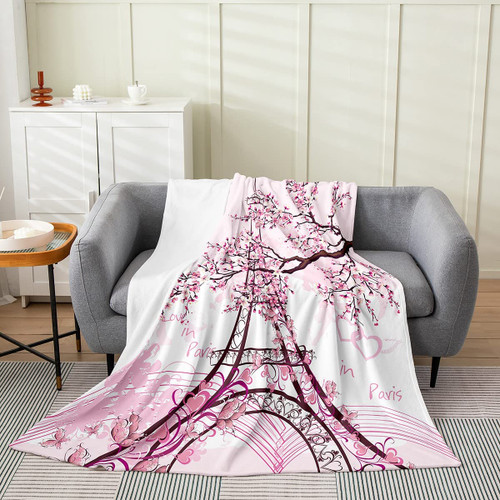 Paris Flannel Fleece Throw Blanket,All Season Eiffel Tower Bed Blanket Cherry Blossoms Fuzzy Blanket for Bed Sofa Couch,Bedroom Decor Paris Decor Pink Plush Blanket Baby 30"x40"