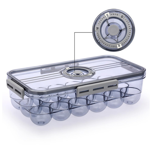 BTSKY Premium Plastic Egg Holder for Fridge - 18 Count Egg Container for Refrigerator, Egg Organizer, Plastic Egg Storage Box with Time Reminer and Lid- Reusable Egg Carton Tray Stackable