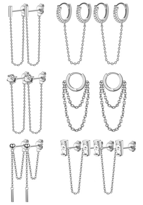 Drperfect 6 Pairs Chain Stud Earrings for Women CZ Dangle Earrings Copper Ball Stud Earring Bar Stud Earrings Huggie Hoop Piercing Earrings