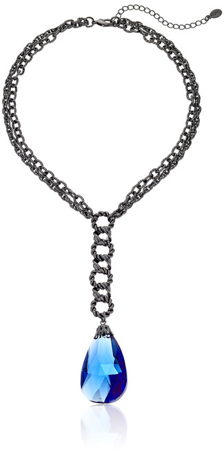1928 Jewelry Black Tone, Blue Pearshape Briolette Y-Shaped Necklace, 16" + 2" Extender 1928 Jewelry Black Tone, Blue Pearshape Briolette Y-Shaped Necklace, 16" + 2" Extender