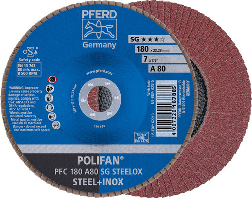 PFERD Polifan SG Abrasive Flap Disc, Type 29, Round Hole, Phenolic Resin Backing, Aluminum Oxide, 4-1/2" Dia., 40 Grit (Pack of 1)
