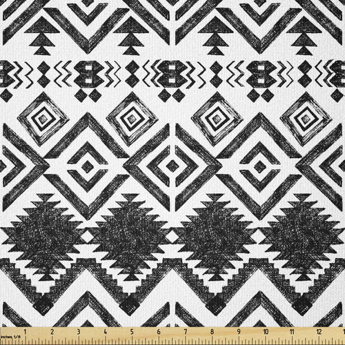 Lunarable Tribal Fabric by The Yard, Hand Drawn Style Ethnic Pattern Geometric and Oranmental Aztec Design Print, Stretch Knit Fabric for Clothing Sewing and Arts Crafts, 1 Yard, Charcoal White
